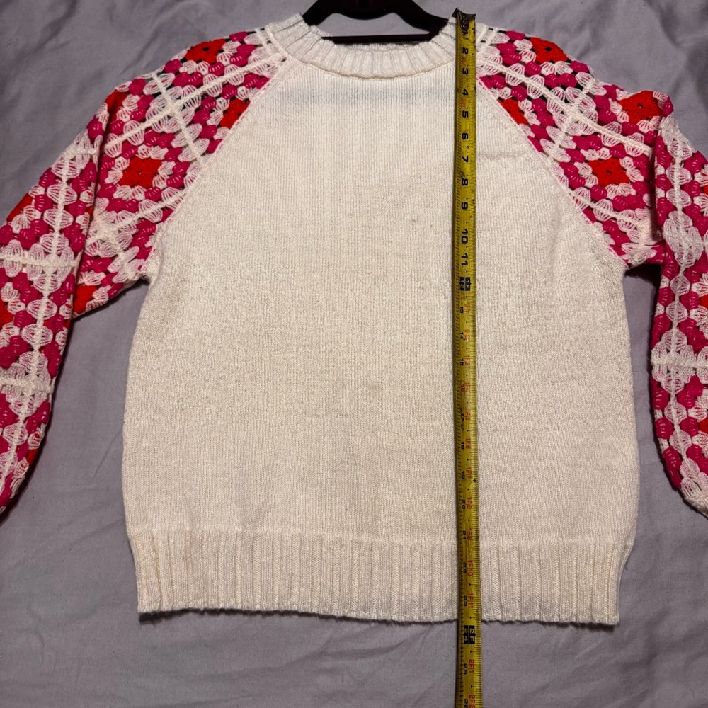 Bunulu Women’s Small Cream Sweater Crochet Granny Square Sleeves Boho Wool Blend - Picture 7 of 10